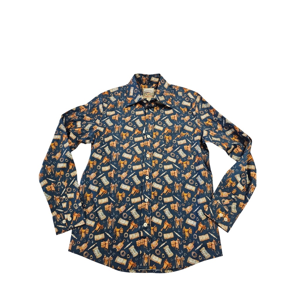 Kennington Rocking K Branchwear Mens Western Saddle Print Cotton Shirt Navy S